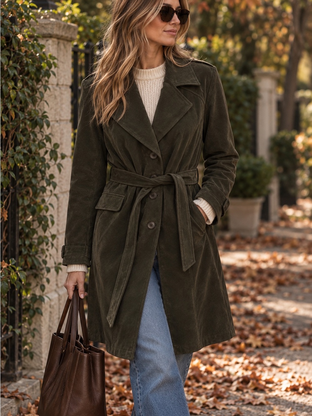 Olive Green suede Belted Trench Coat with Tie Waist